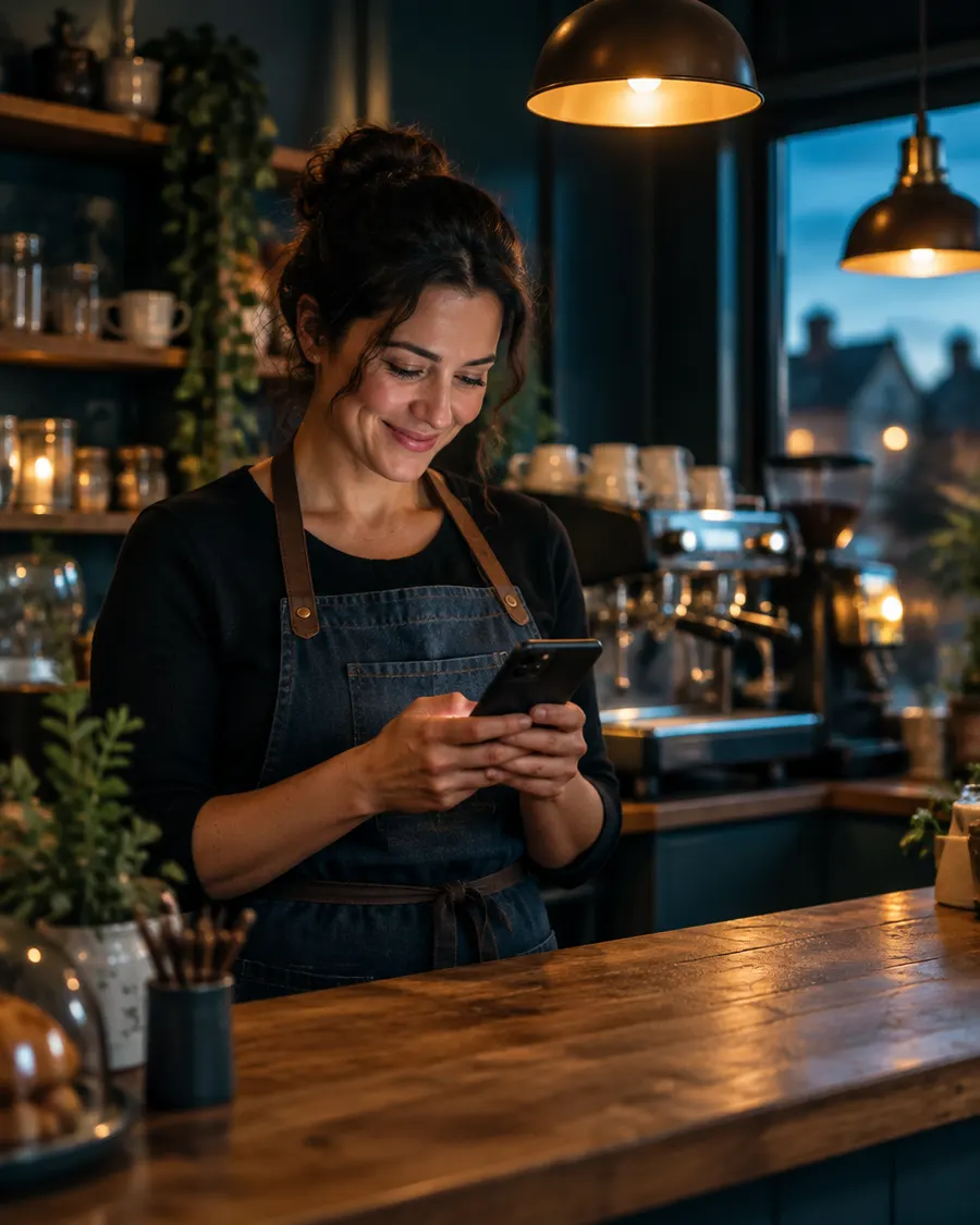 Café owner checking WhatsApp bookings on her phone