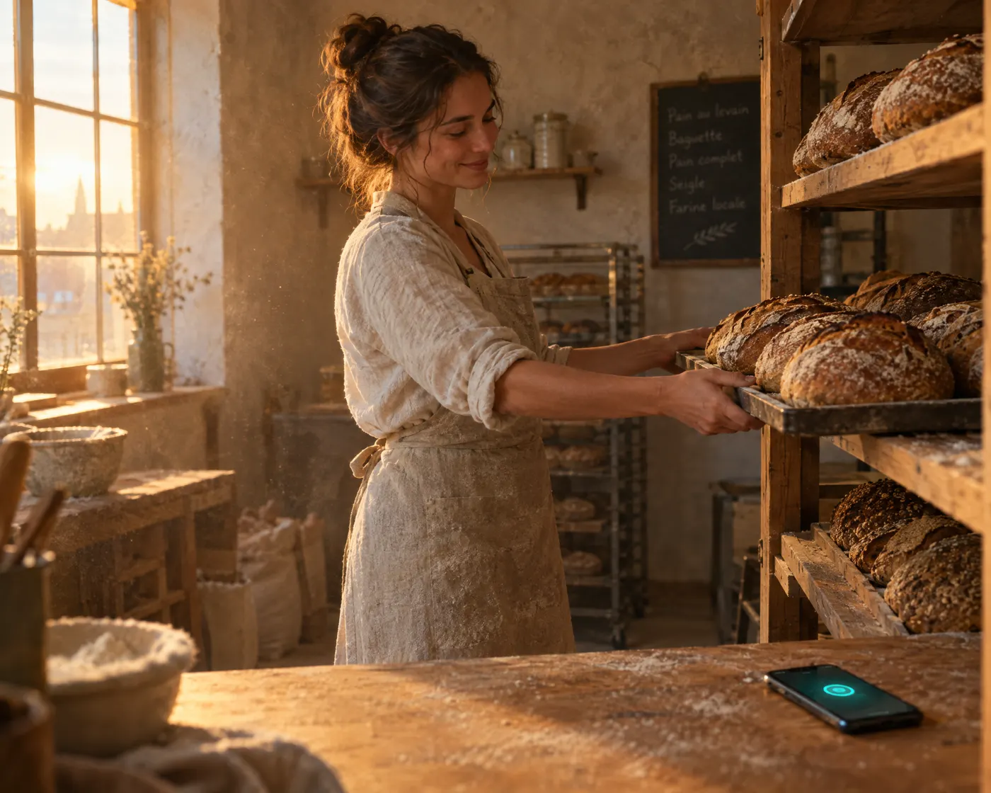 Baker stocking bread at dawn while the phone glows on the counter