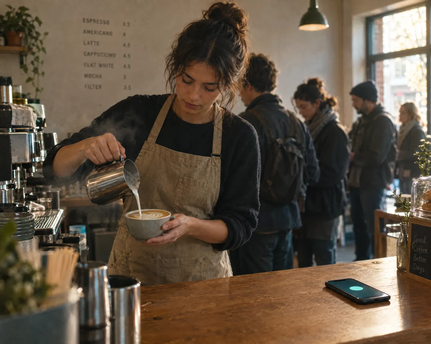 Barista pouring a latte while the AI answers the cafe phone