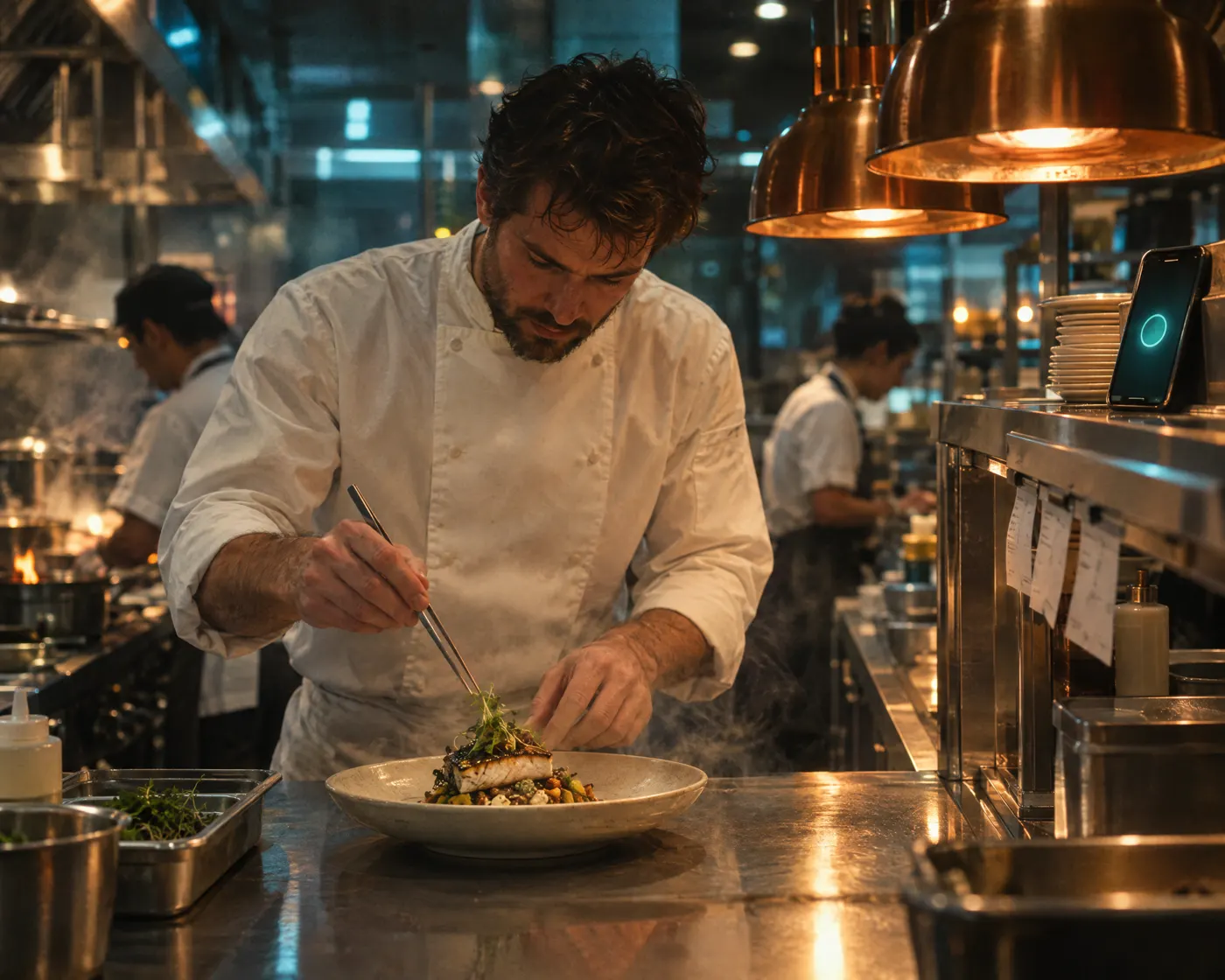 Chef plating a dish while the phone glows on the pass