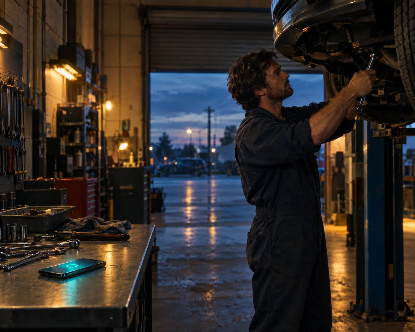 Mechanic under a car while the phone glows on the bench