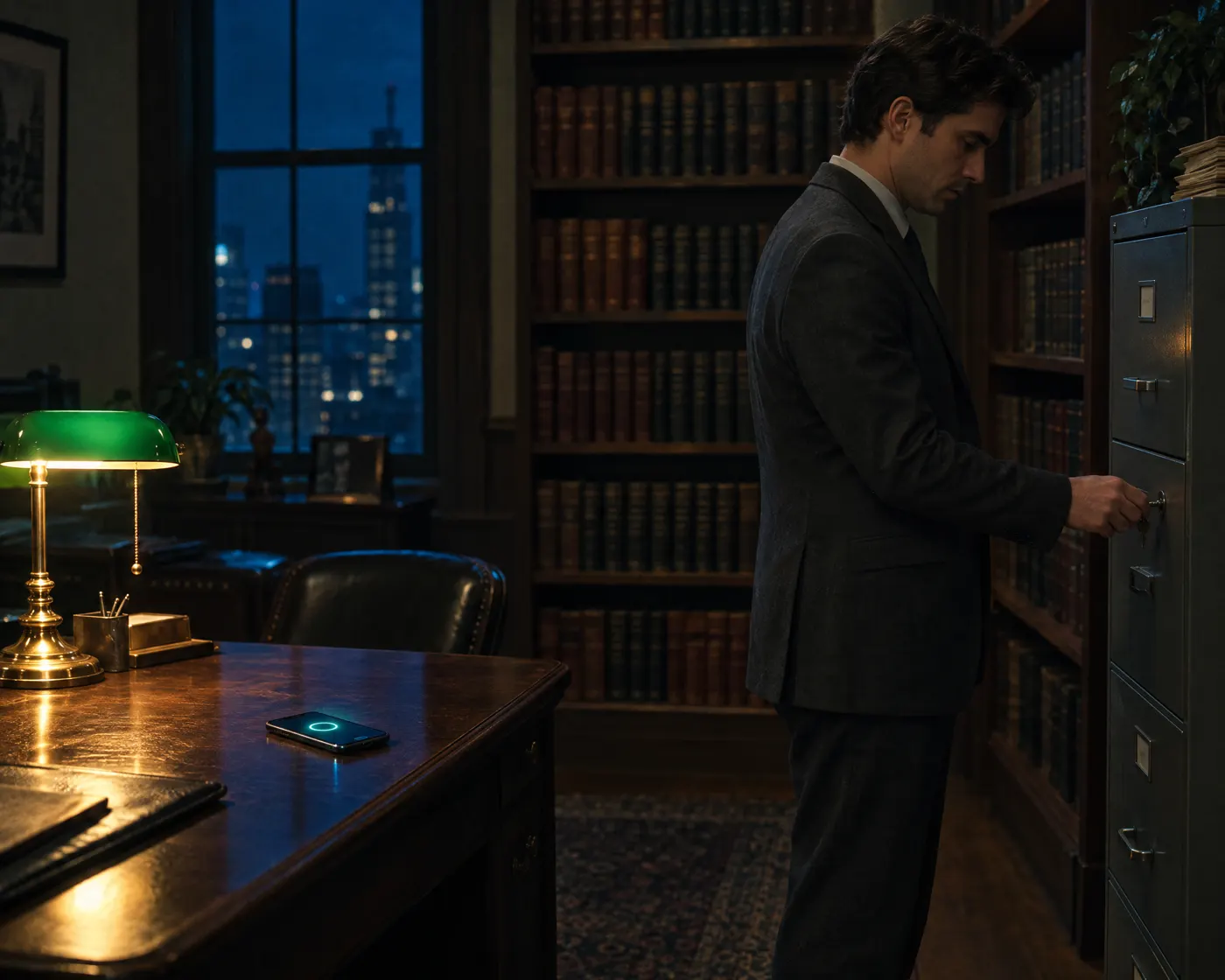 Lawyer locking a filing cabinet at night while the AI answers the office phone