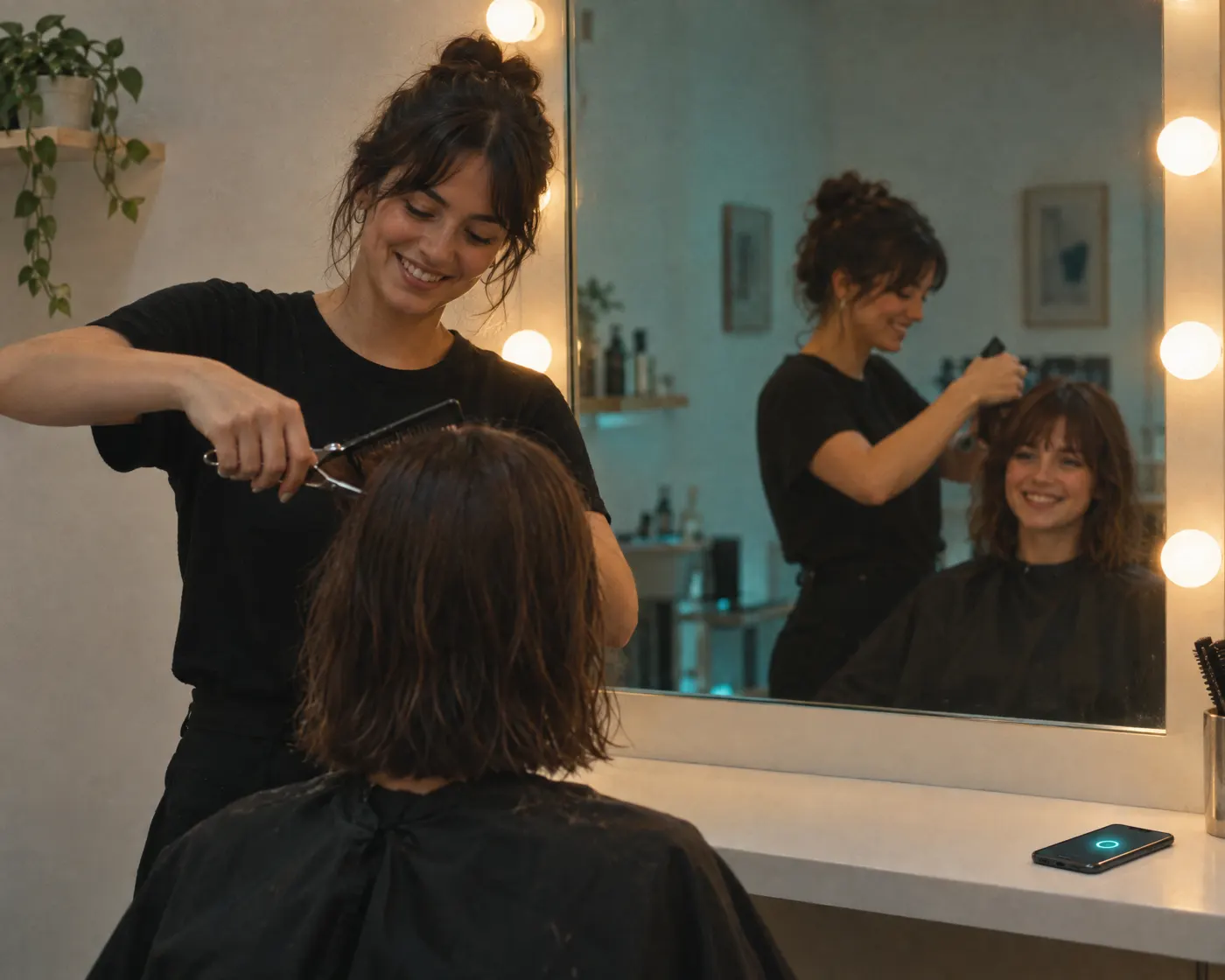 Hairstylist mid-cut while the AI answers WhatsApp messages