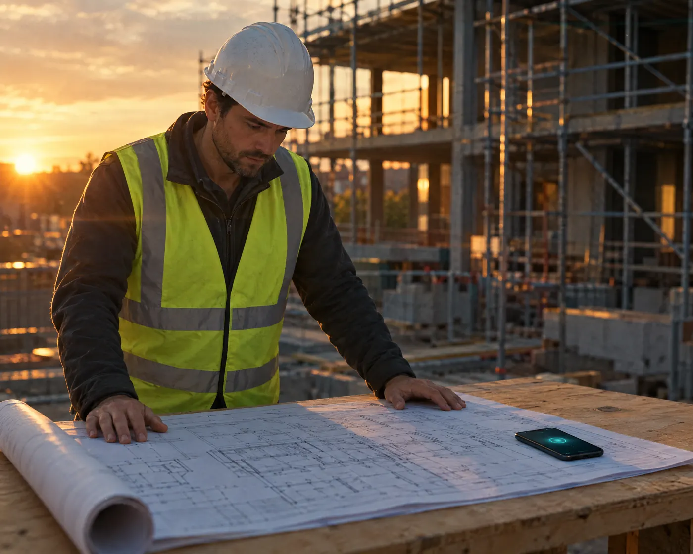 Site manager reading blueprints while the AI answers his phone