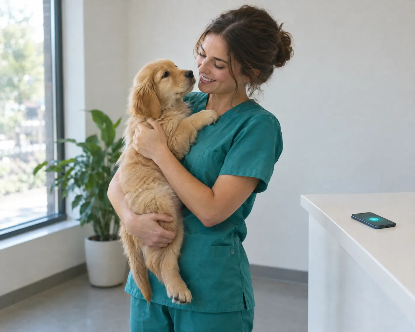 Vet nurse holding a puppy while the phone glows on the counter